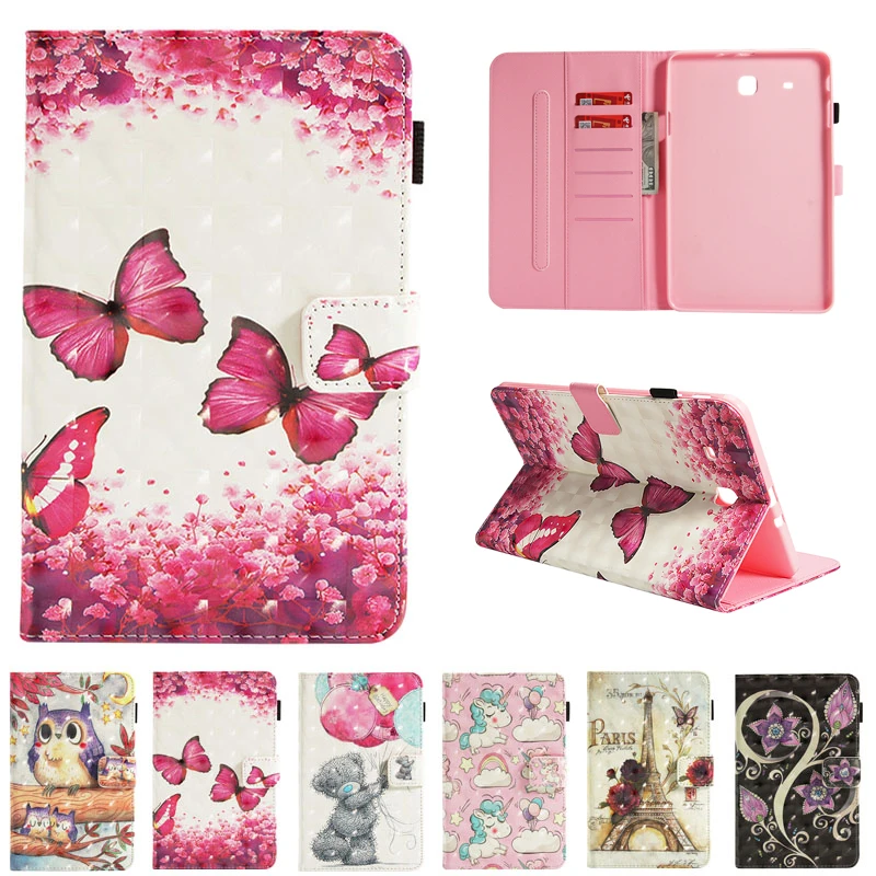 

Funda For Samsung Galaxy Tab E 9.6" Fashion 3D Print Pattern Leather Flip Wallet Case Cover Coque Tablet T560 Shell Skin Stand