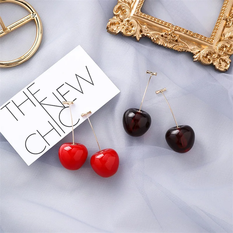 

Korean Version of the Fashion Sweet red Fruit Cherry long Earrings women's Personality Temperament food cherries Jewelry Brincos