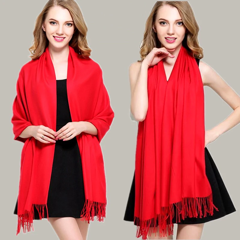 AudWhale палантин женский зимний кашемировый шарф для Для женщин однотонные красные кисточкой модная пашминовая шаль для Для женщин Женская зимняя обувь Теплые шарфы
