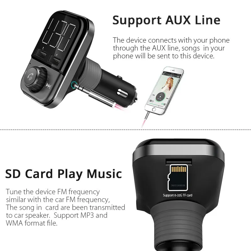 Автомобильный FM трансмиттер VANJEW BT72 с поддержкой Bluetooth и 2 USB