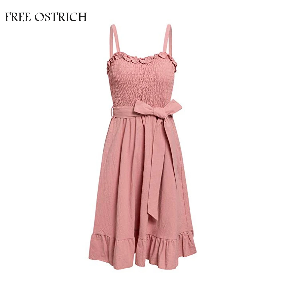 

FREE OSTRICH Women Dresses Evening Party Sexy Soild Off Shoulder Apparel Sleeveless Lady Sling Ruffle Dress