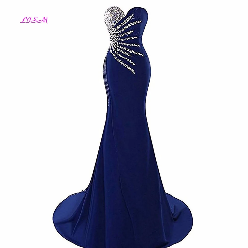

Simple Long Mermaid Evening Dresses 2019 Beaded Crystal Prom Dress Sweetheart Ruched Corst Back Formal Gowns Robe Femme Soiree