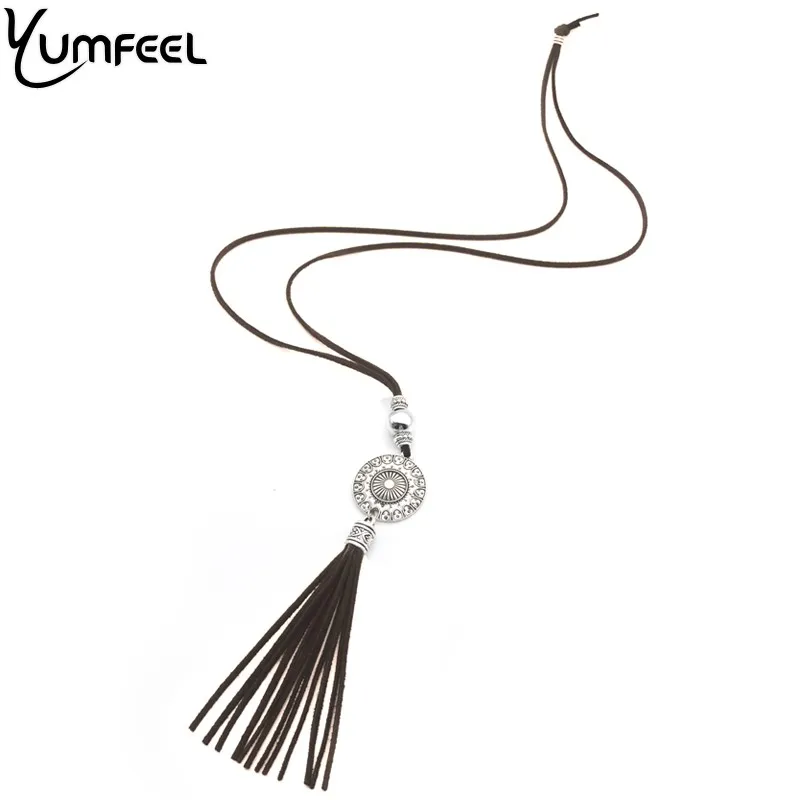 Yumfeel Bohemian Tassel Necklace Leather Tassel Pendant Necklace Long Necklace Dark Brown Color