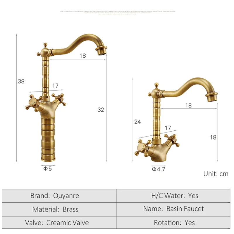 Quyanre античная латунь Раковина кран двойной крест ручки смеситель горячей и холодной воды кран 360 Rotaiton Ванная комната Душ кран воды
