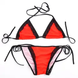 Сексуальные женские летние пляжные бикини купальники кружева Scrunch Pucker Butt красный + черный