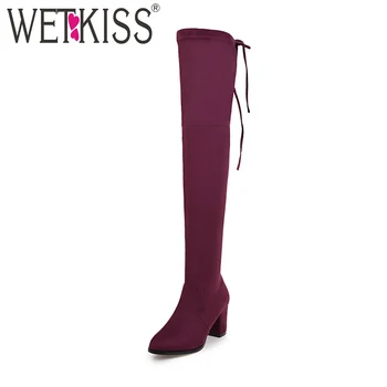 

WETKISS Thick High Heels Woman Stretch Boots Over The Knee Ladies Shoes Round Toe Footwear 2018 Winter Long Boots Big Size 34-43