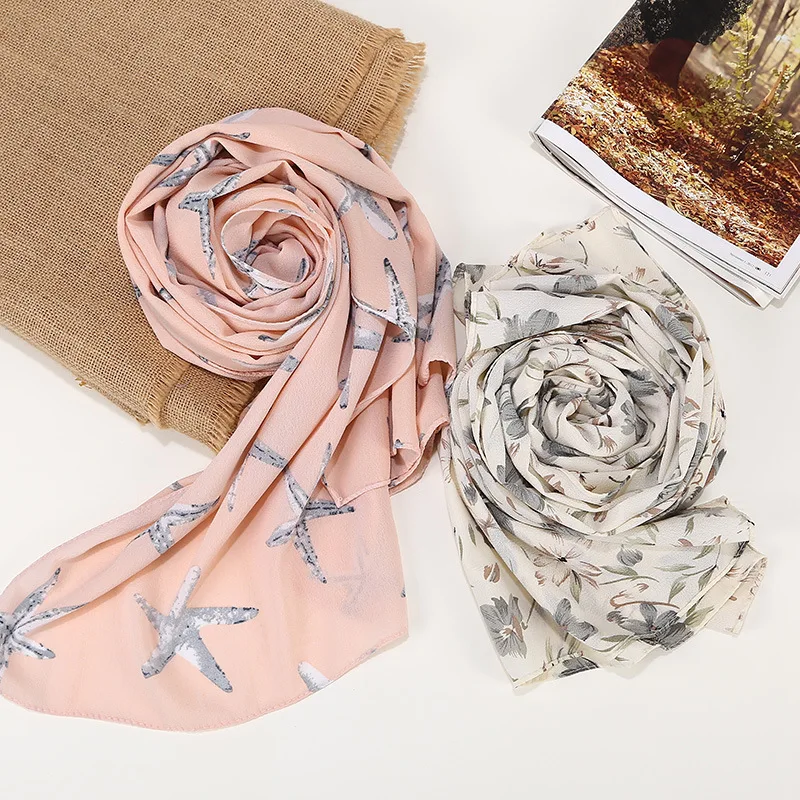 

2019 Breathable Summer Floral Feather Starfish Printed Chiffon Muslim Turban Hijab Scarf Women Hair Headband Scarves 75x180cm