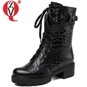 

ZVQ high quality genuine leather women shoes winter warm new boots women med hoof heels platform round toe zip mid calf boots