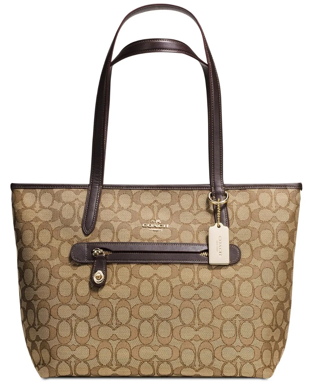 

Coach Taylor Tote in Signature Jacquard (BeachWood/Gold) Luxury Handbags For Women Bags Designer by Coach