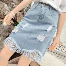Женская одежда летняя мини-юбка с дырками с кисточками однотонные джинсовые юбки с высокой талией женские s хипстерские шикарные новые корейские ulzzang Винтаж