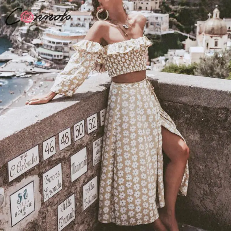 Conmoto تطور قبالة الكتف عارضة النساء اللباس كشكش الشاطئ الصيف 2019 فساتين الإناث الأزهار طباعة اللباس دعوى Vestidos