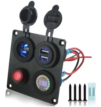 

DIY 12V Voltmeter Cigarette Lighter 4.2A Dual USB Charger with switch 4 hole aluminum Panel For truck Boat marine trailer