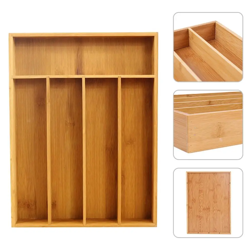 5 Grid Cutlery Storage Box Expandable Cutlery Tray Bamboo Drawer