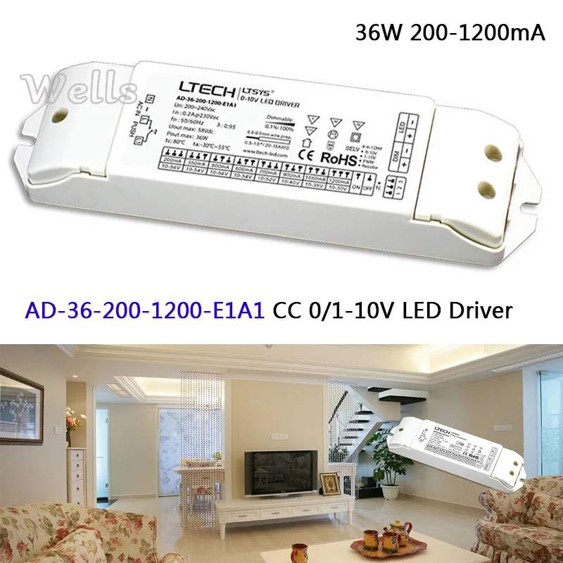 

CC 0/1-10V LED Driver;AD-36-200-1200-E1A1;AC200-240V input; 10-54VDC 36W 200-1200mA output 0/1-10V led dimming driver