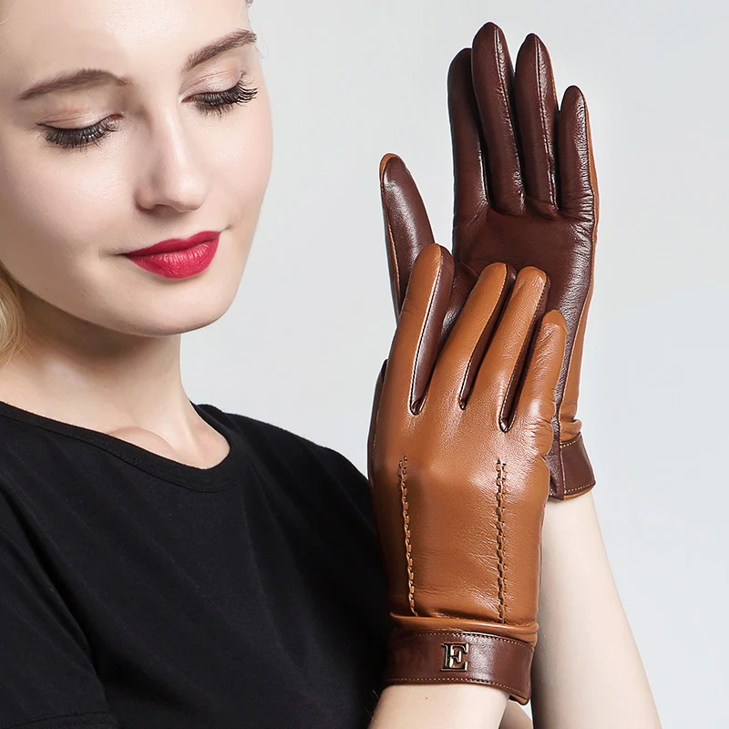  2019 Genuine Leather Women Gloves Female Elegant Two Tones Sheepskin Gloves Autumn Winter Warm Plus