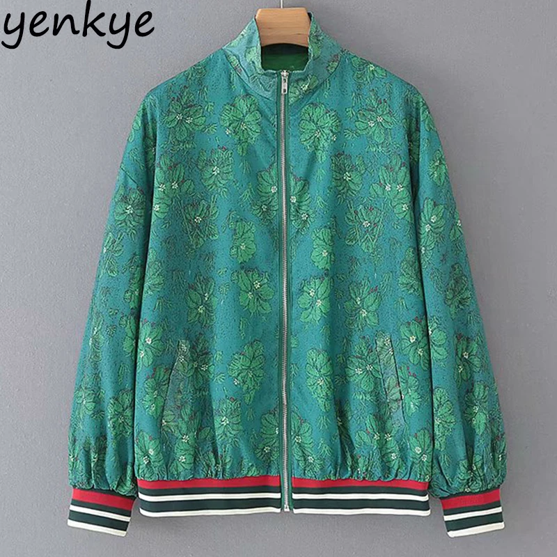 

Autumn 2019 Women Cartoon Print Green Bomber Jacket Female Stand Collar Long Sleeve Casual Plus Size Basic Coat chaqueta mujer
