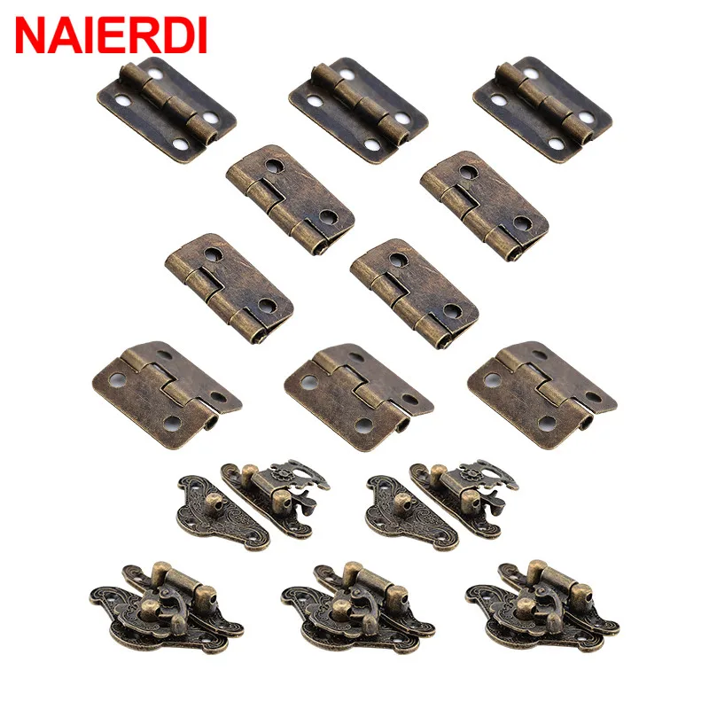 Furniture Hardware 5Pcs Antique Bronze Jewelry Wooden Box Case Hasp Latch +10Pcs Cabinet Hinges Iron Door Hinge Vintage Hardware Furniture