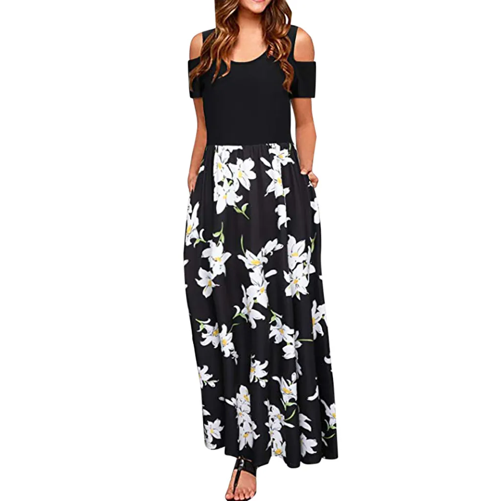 

CHAMSGEND Summer Women's short-sleeved strapless print beach skirt pocket dress seaside holiday beach skirt fashion casual dress