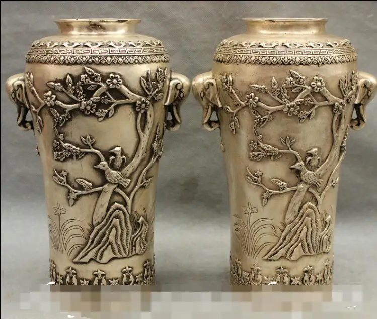 

S03845 10"Chinese Dynasty palace Silver Jixiang Elephant Head Bird Vase Pot Statue Pair (A0321)