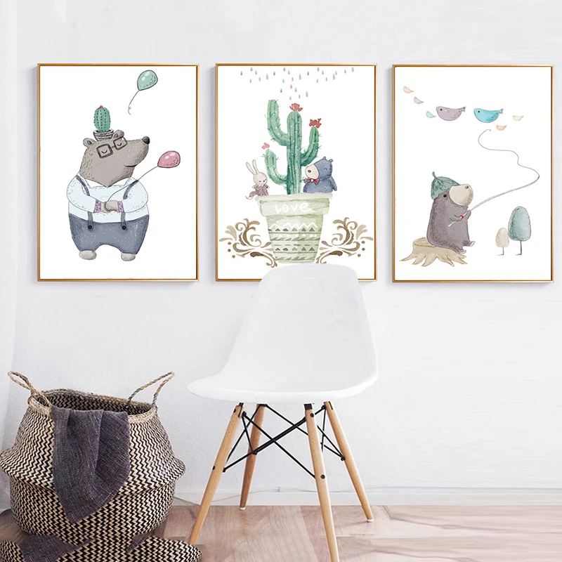 

Cute Bear Animal print Cactus Wall Art Canvas Painting Minimalist Nordic Poster Decoration Home Wall Pictures Baby room Decor