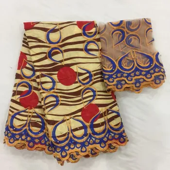 

Nice party African cotton beaded bazin riche lace fabric matching with 2 yards tulle net lace for dress set WBN5