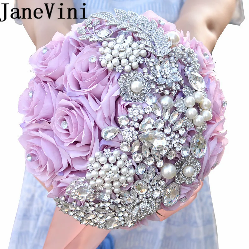 

JaneVini 2018 Silk Artificial Purple Bridal Bouquet For Wedding With Beaded Pearls Crystal Bouquet Mariage Rose Buque De Noiva