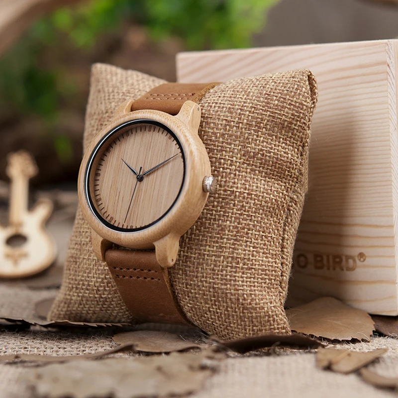 BOBO BIRD V-A15 Handmade Mens Bamboo Wooden Watch Bamboo Dial Quartz Watches with Leather Strap in Gift Box Relojes Hombre