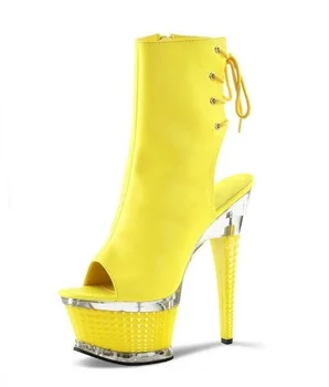 

Fashion Yellow High Platform Heels Wide Calf Boots Peep Toe Back Lace-up Ladies Night Club Dress Shoes Thin Heels Runway Boots