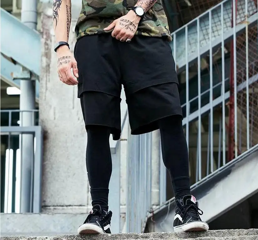 Fashion Street Wear Summer New Men Shorts Side Ribbon Cross Drawstring Hip hop Street Dance Men Summer Running Bodysuit Leggings16