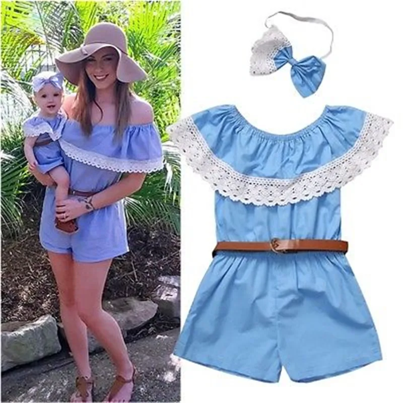 

Family Outfits Fashion Mommy Me Women Baby Girls Lace Round Lotus Collar Belt Blue Jumpsuit Playsuit Romper Belt Set