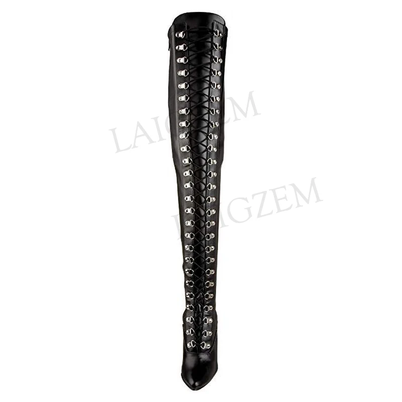 LAIGZEM SEXY Women Thigh High Boots Wide Calf  Lace Up Long Zipper Stiletto Party Club Boots Shoes Botines Mujer Big Size 34-47 (3)
