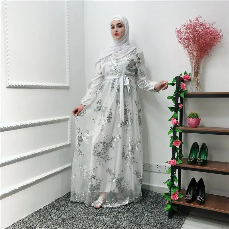 Дубай абайя для женщин блесток мусульманское платье макси Свадьба Вечеринка кафтан длинное платье Блеск Мода Рамадан длинное платье Новинка - Цвет: Белый