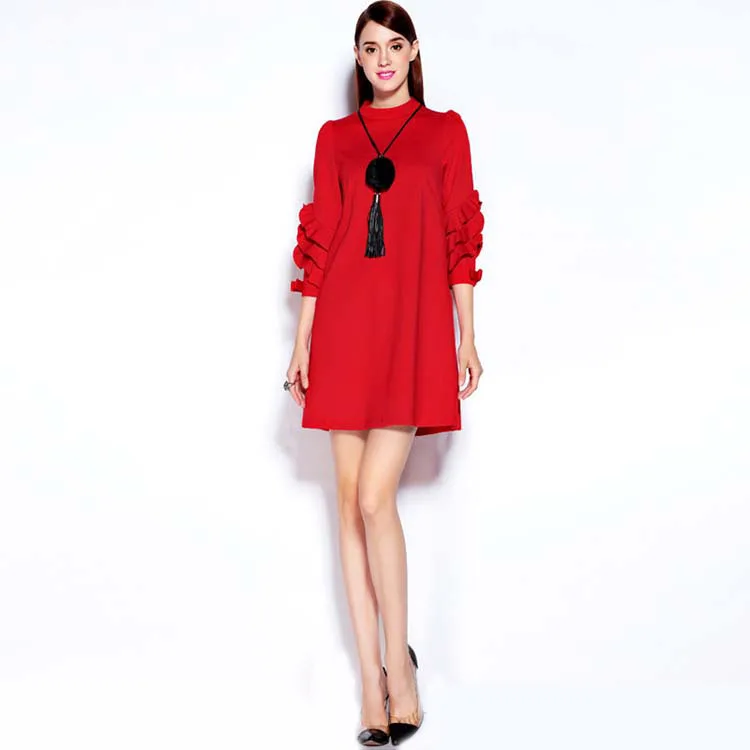 New Arrival 2016 Autumn Women's O Neck 3/4 Petal Sleeves Ruffles Loose Design Fashion A Line Dresses | Женская одежда