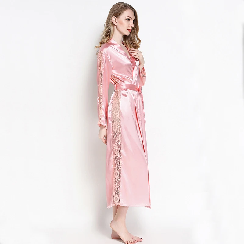 Сексуальный осенний Шелковый Атласный халат для женщин, ажурный кружевной ночной халат, женское белье, пижамы, женская ночная сорочка, пеньюар, банный Халат - Цвет: Розовый
