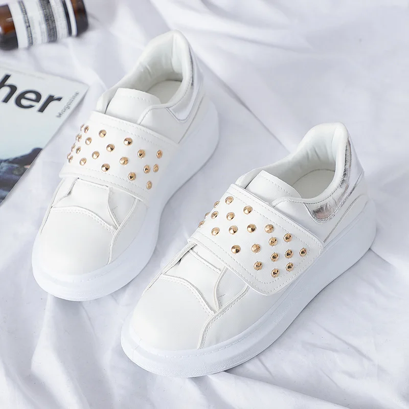 

Fashion Rivet Women White Sneakers Spring Hook & Loop Casual Shoes Woman Breathable Platform Sneaker Plus Size 41 Trainers XZ167