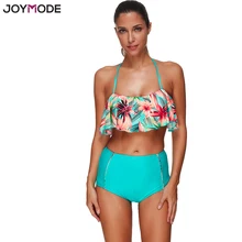 JOYMODE листьев лотоса купальник Двойка оборками с цветочным принтом Винтаж Купальники для малышек Высокая Талия синий ванный комплект