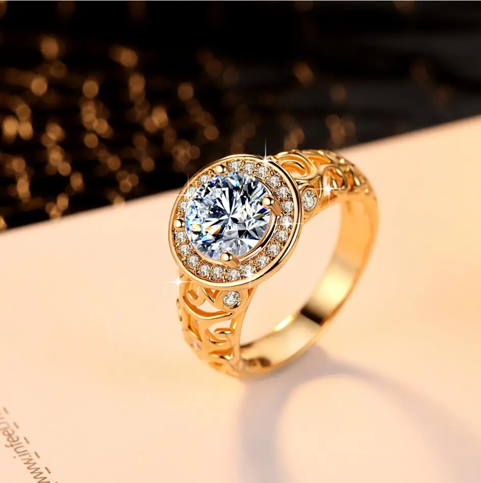 

PHXmas Gold filled Classic Round Cut AAA+ CZ Crystal carved CZ Rings Big stone Women Jewelry Females Ladies Birthday Gift C7