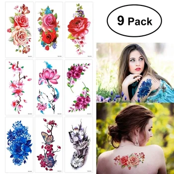 

9 Sheets Waterproof Temporary Tattoo Sticker Rose Peony Lotus Cherry Blossoms Flash Tattoo for Adults Kids Body Art Painting