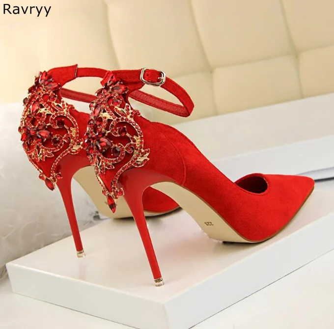 

Свадебные туфли, женские красные туфли на высоком каблуке, украшенные кристаллами, сексуальные туфли-лодочки с острым носком, feamle, каблук замшевые на шпильке