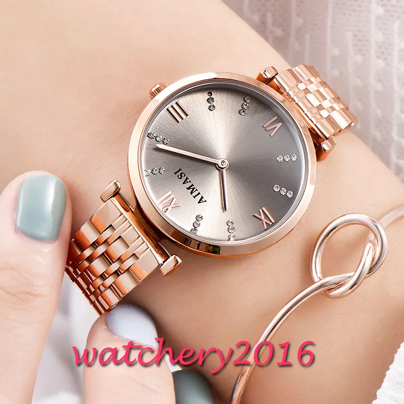 

NEW 32.3mm Grey diamond dial rose golden plated case Push button hidden clasp AIMASI Analog Automatic movement Womens WristWatch