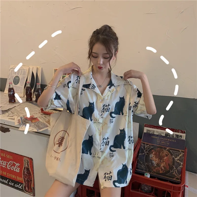 Новая летняя Корейская блузка хараджуку, рубашки для женщин, забавные кошки, принт, отложной воротник, короткий рукав, шикарная рубашка, женские шикарные Блузы