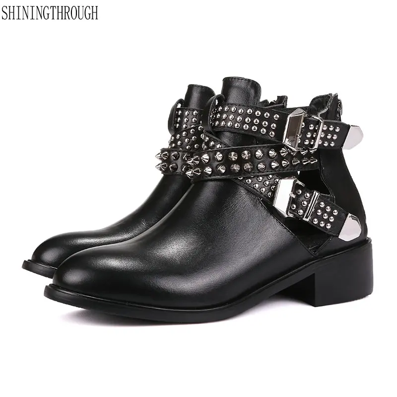 

Punk style Square low Heels Women Ankle Boots 2019 Spring Autumn New Genuine Leather Chelsea Boots Office Shoes