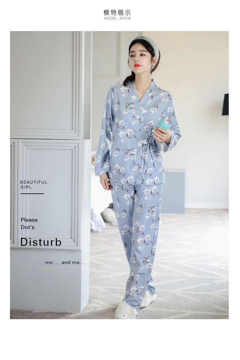 Новая модная женская пижама с принтом, милое женское кимоно с длинными рукавами, комплекты пижам, теплая Женская одежда для сна с v-образным вырезом, домашняя одежда в японском стиле
