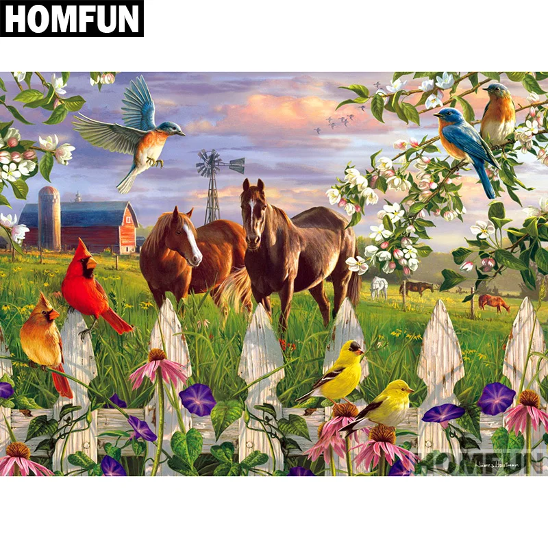 Алмазная 5D Вышивка HOMFUN A01230 полноразмерная/круглая картина Лошадь и птица вышивка