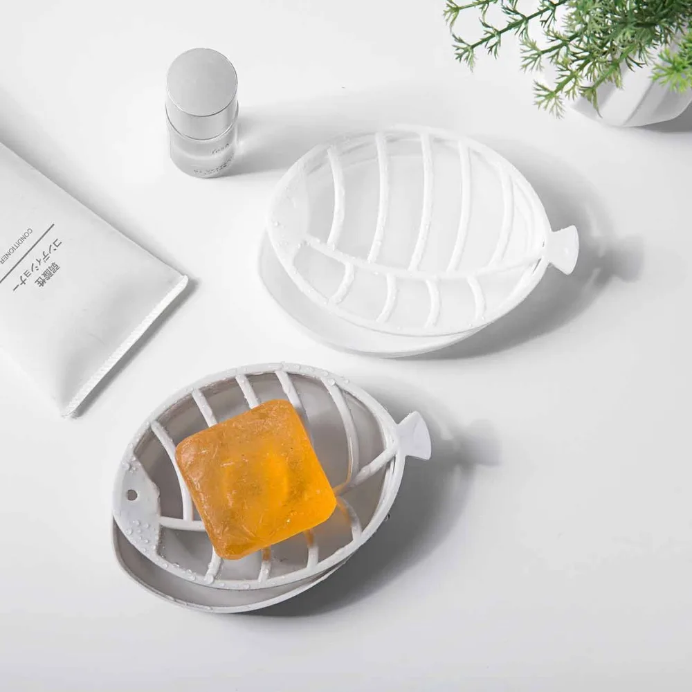 

Cute Fish Shaped Double-Layer Drain Soap Dish Box Soap Holder Tray Drying Sponge Rack