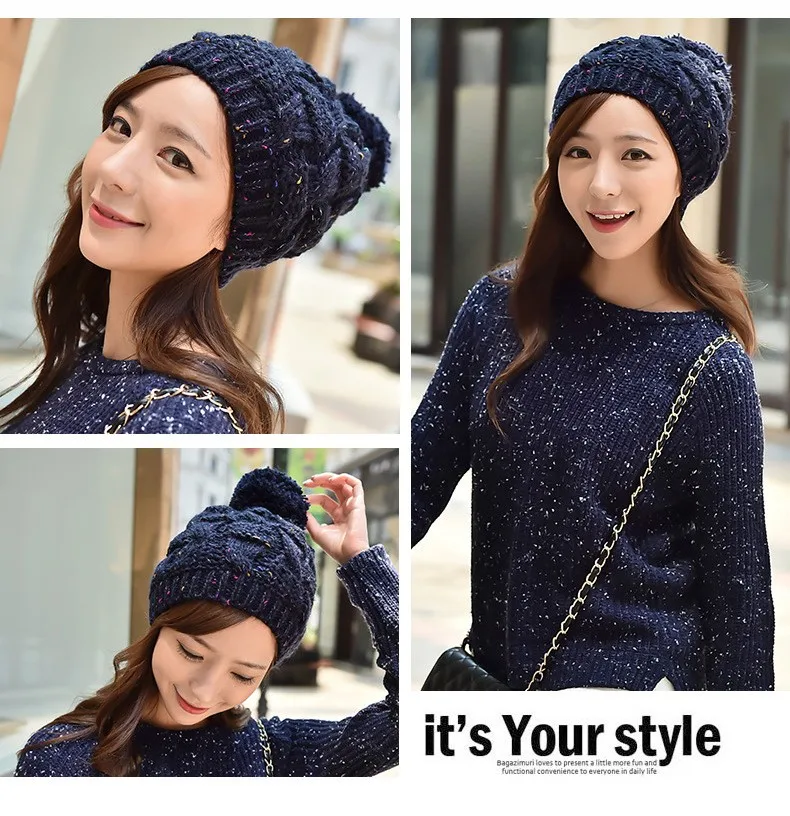 2015 New Autumn and Winter Thick Warm Solid Knit Women Hat Female Cap with lint (13)