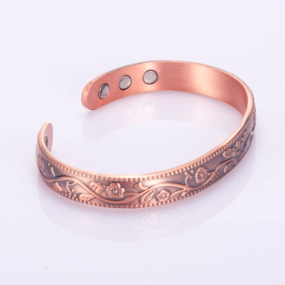 Vinterly медный браслет для женщин, очаровательный винтажный цветочный энергетический магнитный медный браслет, регулируемые браслеты-манжеты, браслеты для женщин