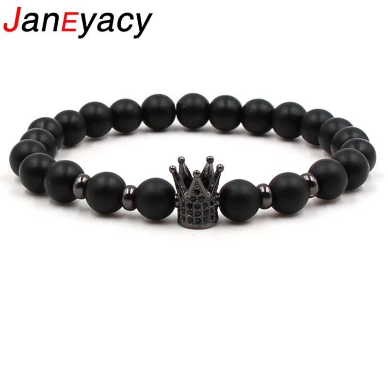 

Janeyacy 2018 Hot 8mm Frosted Stone Bead Bracelet Fashion CZ Crown Bracelet For Men Or Women Bracelet Jewelry Pulseira hombres