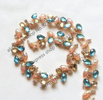 

91cm/lot fashion blue acryl rhinestone metal gold chain garment yard trims colorful stone applique sewing-on coat bag accessory