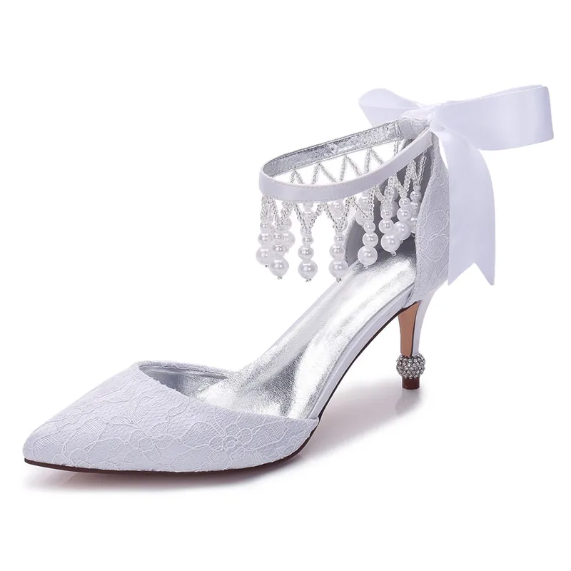 High Heels Lace Wedding Shoes Women Pointed Toe Ankle Strap Pearls